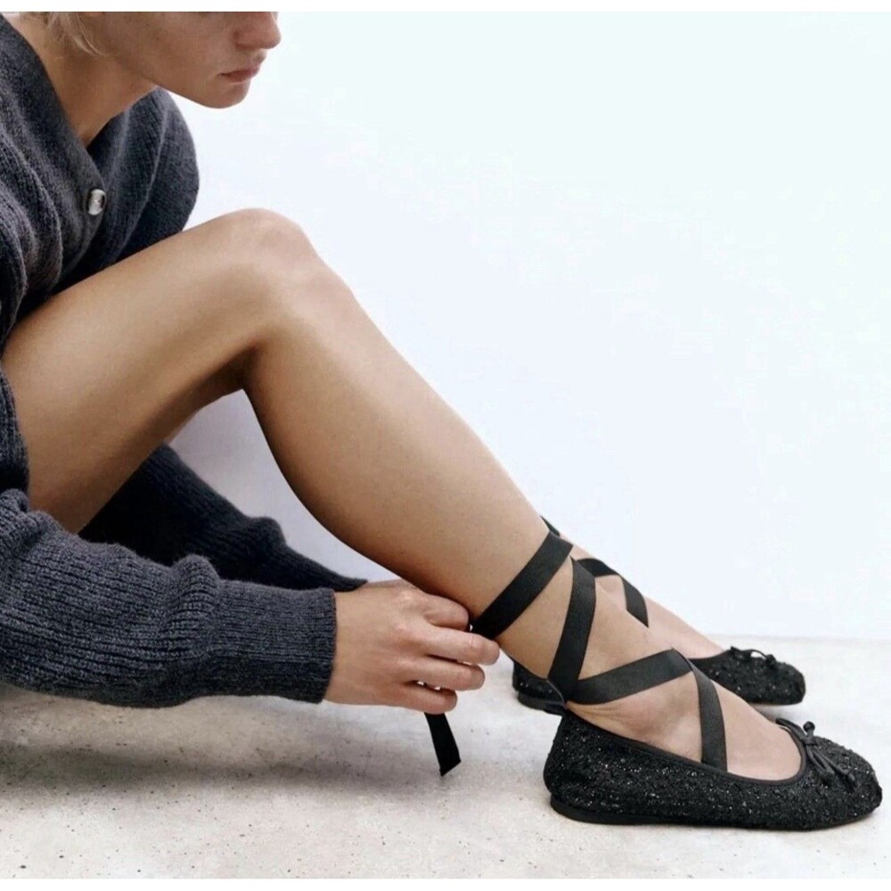 ZARA 37 / 6.5 women's black ballet flat slipper lace ankle tie shoe tweed ribbon